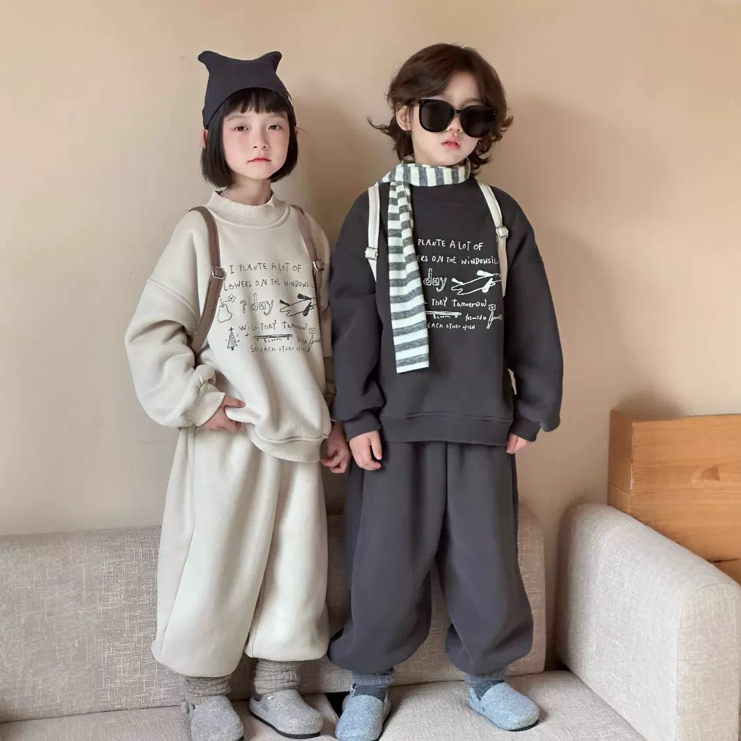 儿童加绒套装2025冬季新款韩版男童印花羊驼绒加厚卫衣卫裤两件套