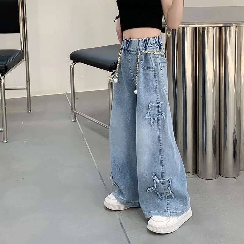 Nuevos pantalones de primavera y otoño para niños de mediana edad coreanos sueltos bordes de lana casuales de estilo extranjero pantalones largos de niñas vaqueros piernas anchas image 3