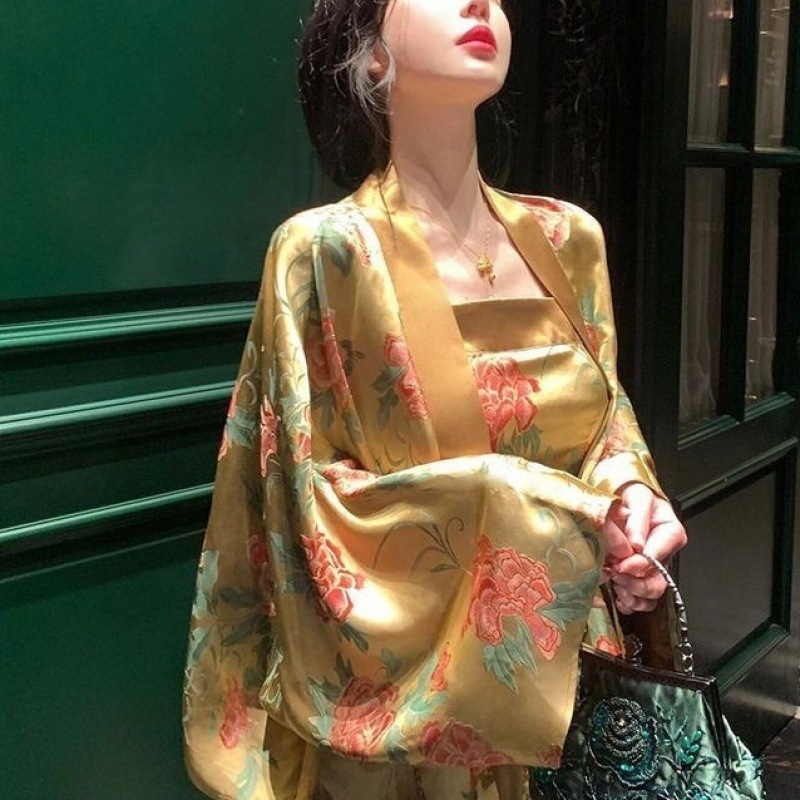 새로운 중국 스타일 국가 스타일 카디건 꽃 슬링 원피스 투피스 세트 틈새 패션 세트 우아한 초기 원피스 도매