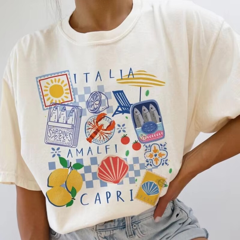 Italian Capri Graphic T-Shirt, Vintage and Fun Seafood Vacation T-Shirt, Short-Sleeve Crew Neck Casual Top for Women Italian Capri Graphic T-Shirt, Vintage and Fun Seafood Vacation T-Shirt, Short-Sleeve Crew Neck Casual Top for Women