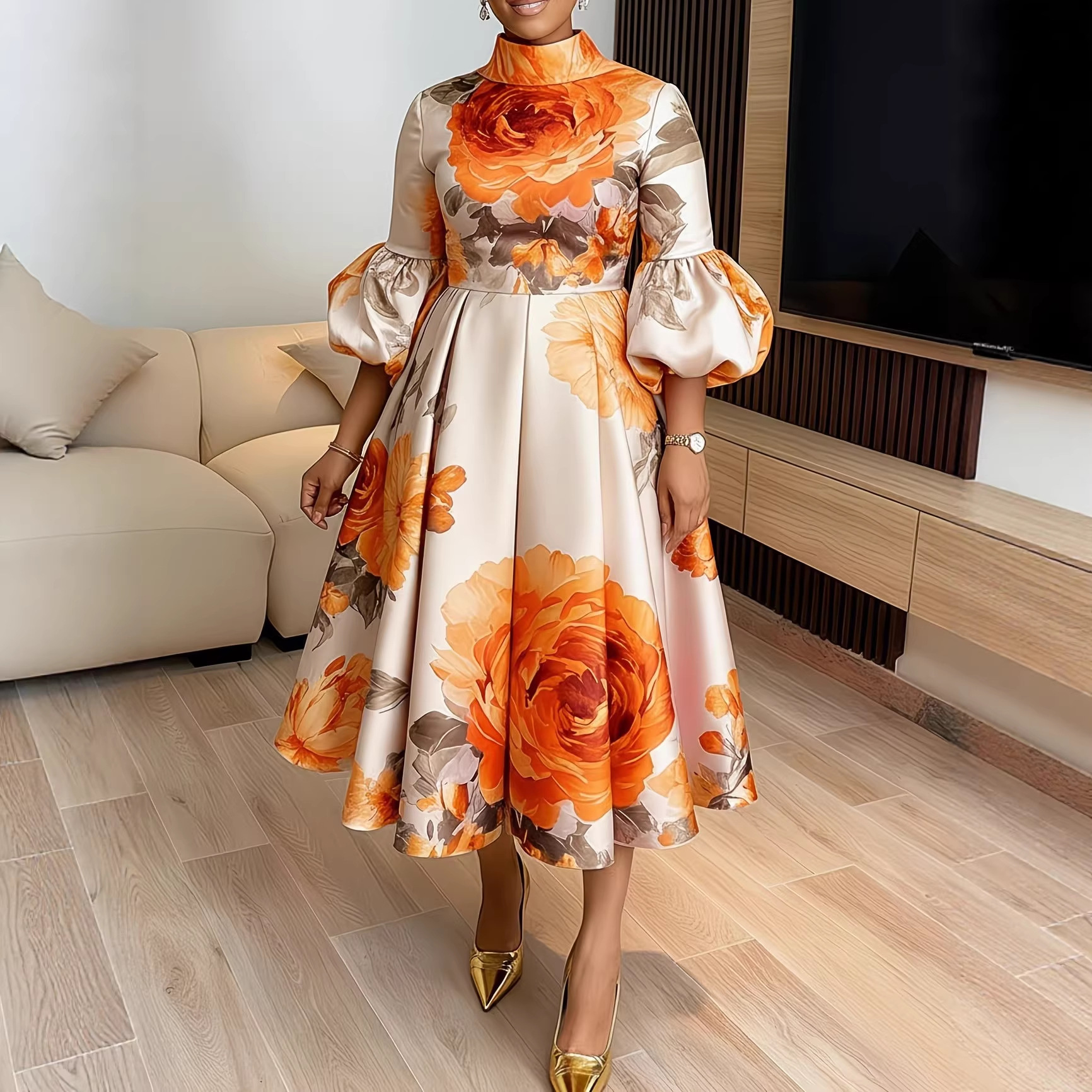 Elegant Slim Waist Printed Women's Dress Lantern Sleeve_ecoleips.com