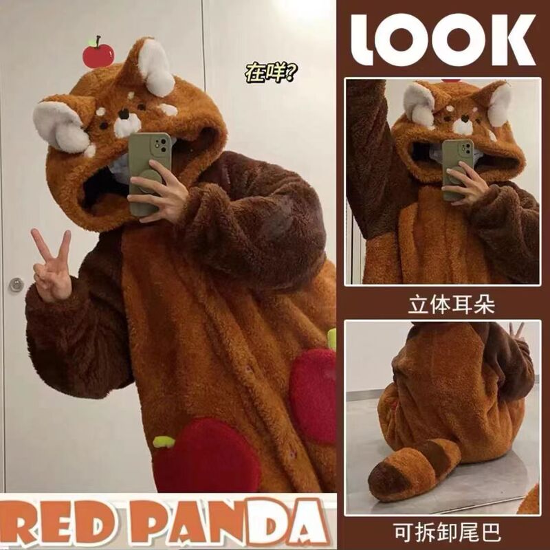 Cute little raccoon plush nightgown women's autumn and winter coral fleece pajamas home wear suit