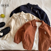 柠里儿童外套25秋季韩版新品男童洋气刺绣翻领外套宝宝短款拉链衫