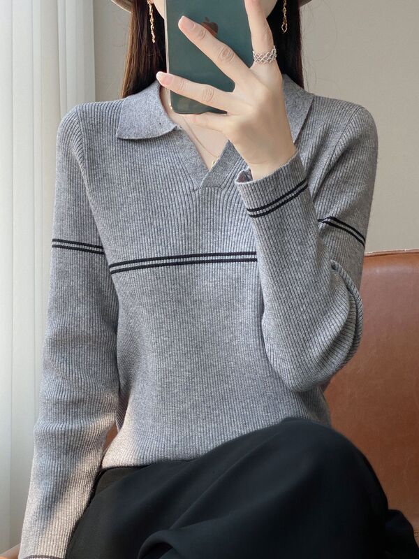 25年早秋新款安迪绒翻领针织衫长袖女拼色条纹气质套头打底衫上衣|undefined