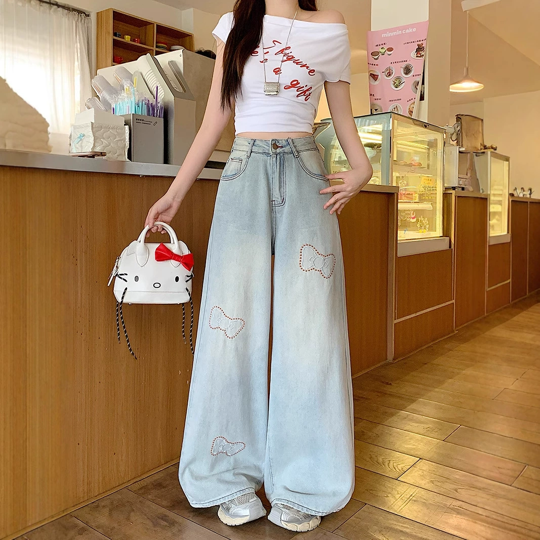 2025 летний новый толстый мм большой размер женская мода ретро лук вышивка с высокой талией тонкая широкая нога брюки