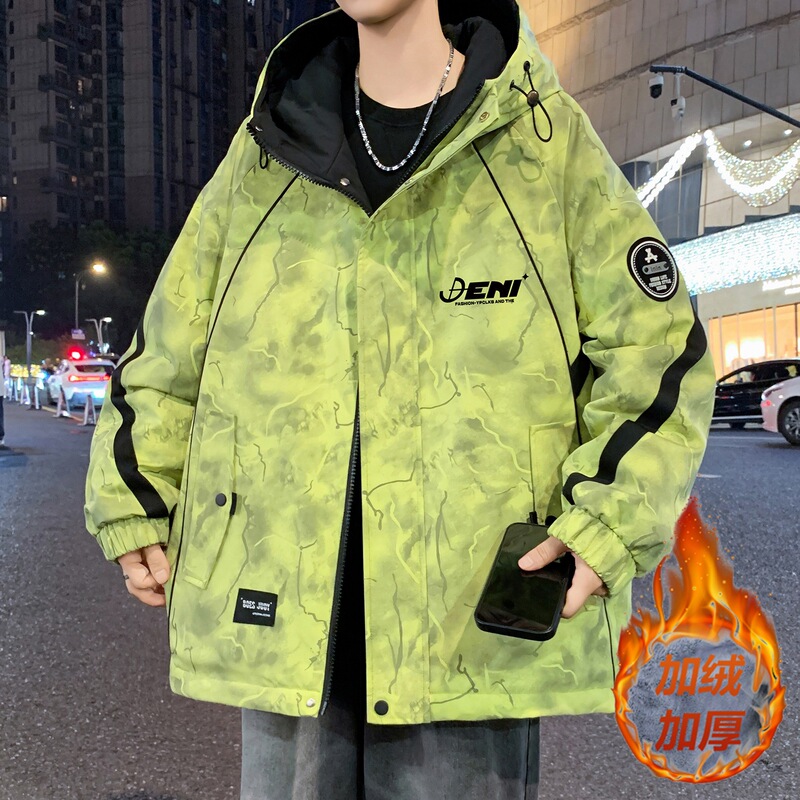 Men's Jacket for Autumn and Winter, Hooded, Fleece-Lined, Thickened, Men's Windbreaker, Youth Tie-Dye Workwear Coat, Men's Clothing Men's Jacket for Autumn and Winter, Hooded, Fleece-Lined, Thickened, Men's Windbreaker, Youth Tie-Dye Workwear Coat, Men's Clothing