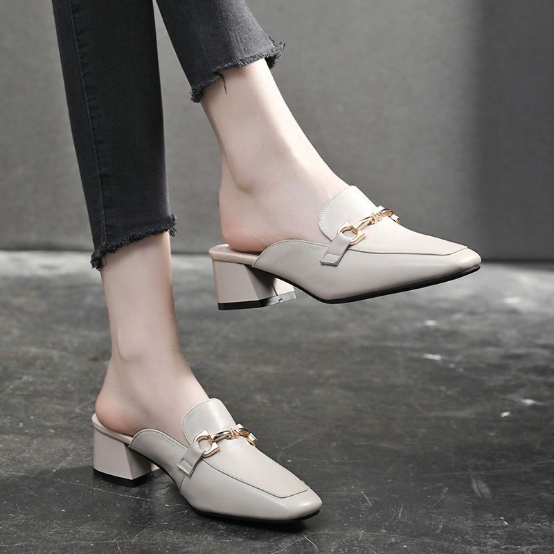 Genuine Leather Closed-Toe Mules 2025 New Style Chunky Heel Soft Sole Loafers Women's Versatile Casual Leather Shoes