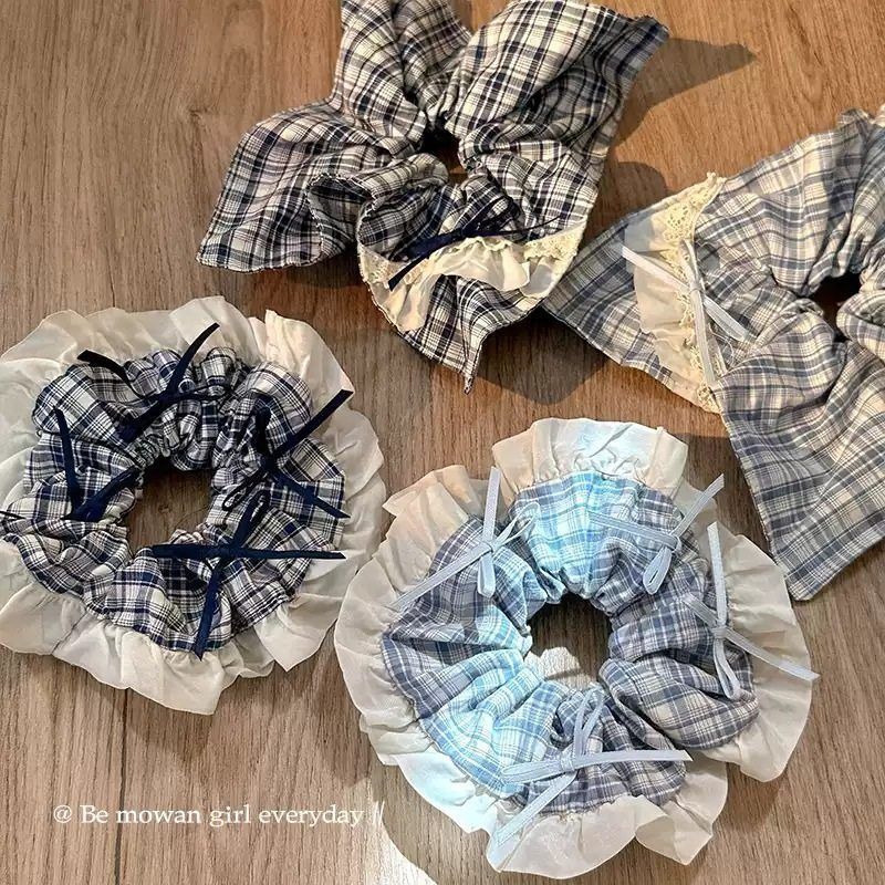 韩系蓝色格纹蝴蝶结方巾大肠发圈女高级感头圈发绳海燕头绳发饰品|undefined