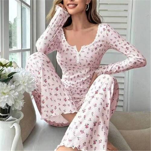 European and American long-sleeved V-neck pajamas small floral print lettuce curling trousers home wear suit women
