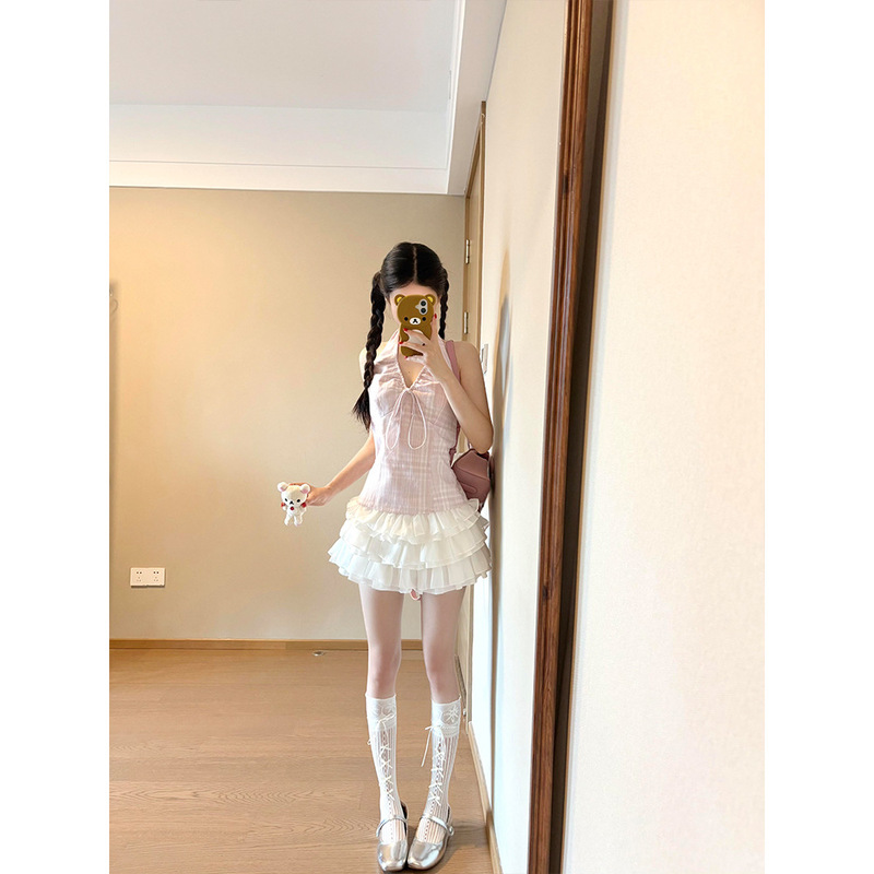 纯欲风甜美套装女夏季系带修身条纹挂脖上衣百搭蛋糕短裙|undefined