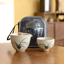 手绘墨兰快客杯一壶一杯陶瓷随身户外泡茶壶便携旅行茶具套装陶瓷