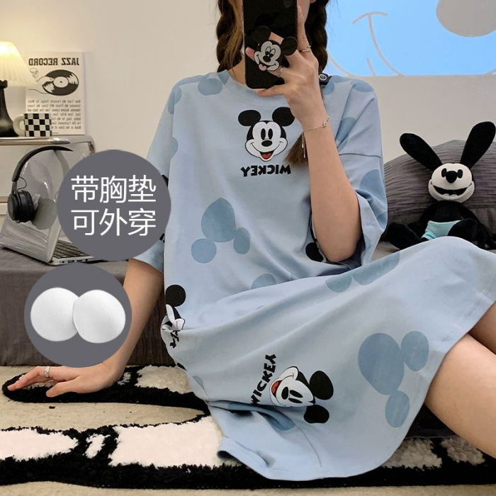 Pijama con cojín de pecho, vestido de algodón, vestido de pijama, dibujos animados dulces y lindos para aumentar la ropa para el hogar al por mayor.