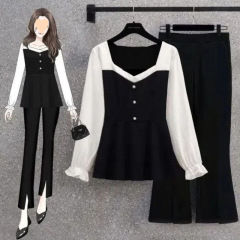 大きいサイズの婦人服のスーツの新型のファッション的な雰囲気は年齢を減らしてやせている妹の上着のシャツの微拉ズボンの2つのセットを現します。