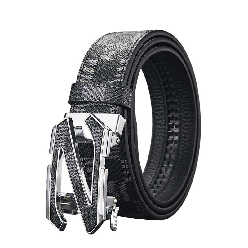 Cinturón de Cuero Genuino de Dos Capas para Hombre, Estampado de Cuadros, Hebilla Automática, Estilo Casual de Lujo