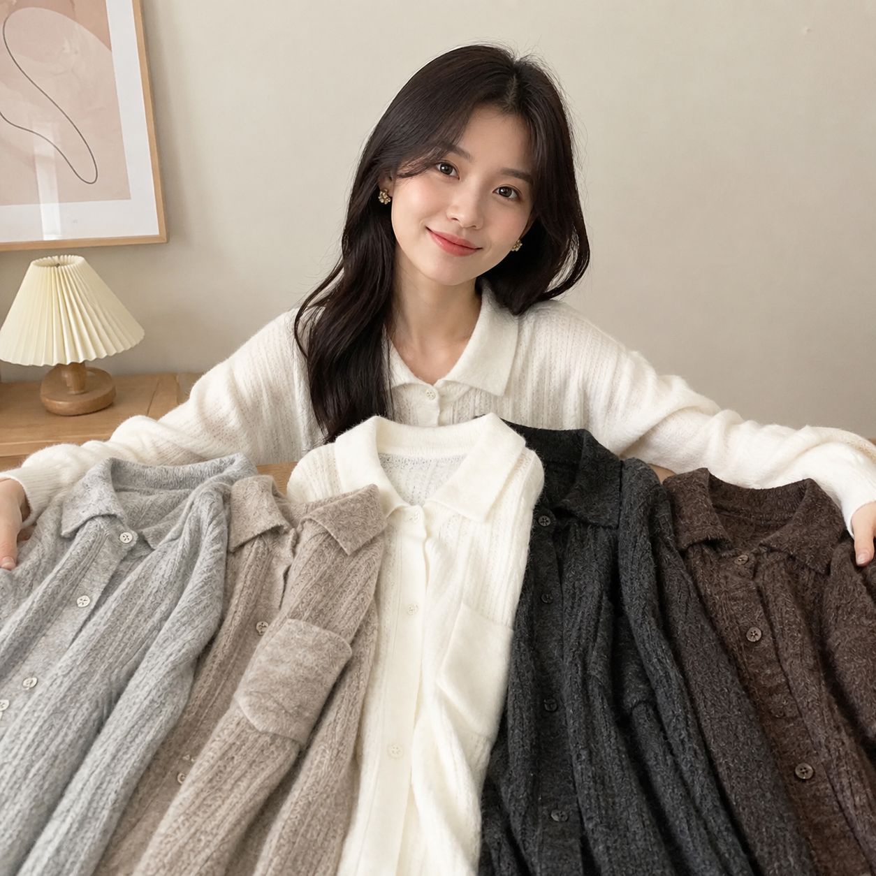 2026 Tongxiang Puyuan Clothing Factory New Autumn/Winter Shirt-Style Turn-Down Collar Pocket Silk Cashmere Wool Cardigan