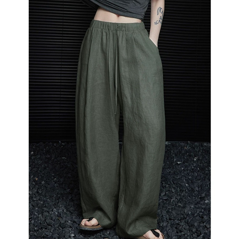 Green Linen Wide-Leg Pants for Women 2026 Summer New Popular High-Waisted Loose Casual Straight Pants