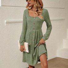 欧美跨境外贸春夏新款女装度假休闲时尚宽松纯色坑条长袖连衣裙