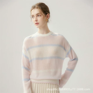 100%纯山羊绒衫女士撞色条纹宽松慵懒风长袖针织打底套头毛衣上衣