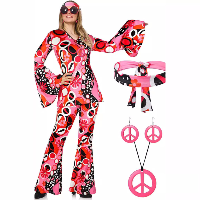 2023 Women's Hippie Costume Pink Hippie Disco Costume Bottoms Bohemian Flared Pants 2023 Women's Hippie Costume Pink Hippie Disco Costume Bottoms Bohemian Flared Pants