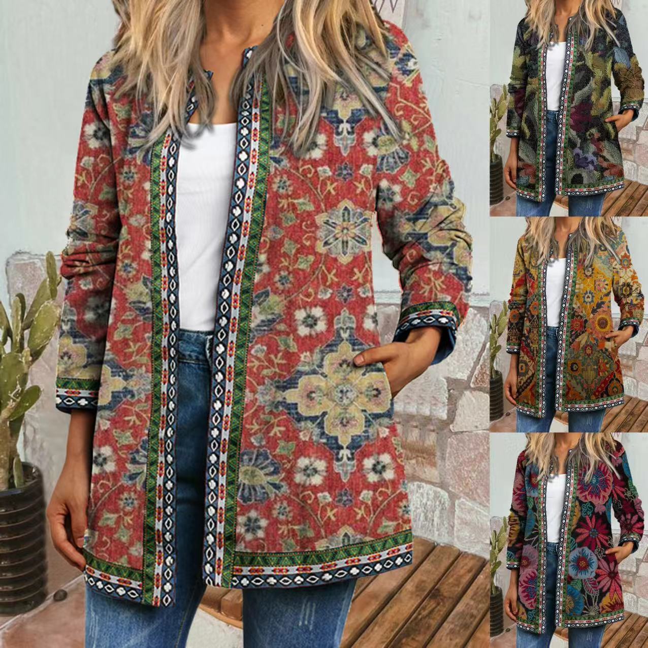 European and American export new autumn and winter women's casual fashion loose ethnic print retro long-sleeved cardigan coat