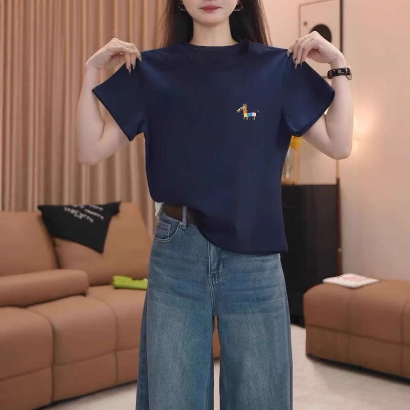 Summer New Style Right Shoulder Short-Sleeved T-Shirt Women's Fashion Slim Versatile Foreign Style Navy Blue Top Women's Bottoming Shirt Wholesale Summer New Style Right Shoulder Short-Sleeved T-Shirt Women's Fashion Slim Versatile Foreign Style Navy Blue Top Women's Bottoming Shirt Wholesale