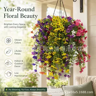 跨境户外45目紫罗兰尤加利绿植家居婚礼装饰藤条吊篮仿真