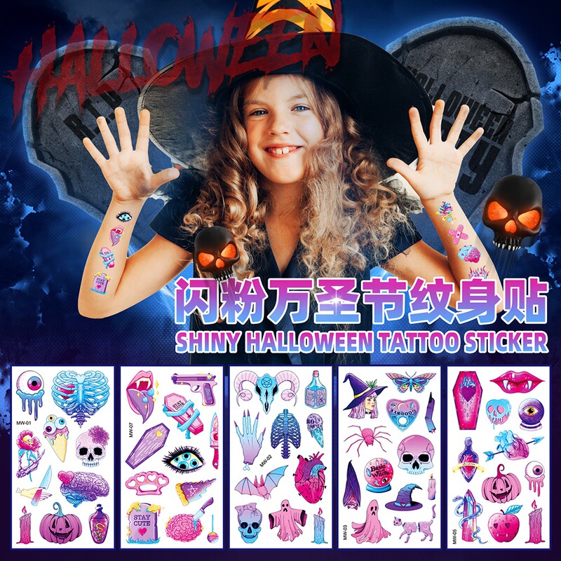 New glitter Halloween tattoo stickers glitter personality holiday activities Party children cartoon temporary stickers