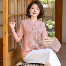 中年女新中式刺绣棉麻衬衫短袖妈妈夏季新款国风刺绣T恤薄款上衣