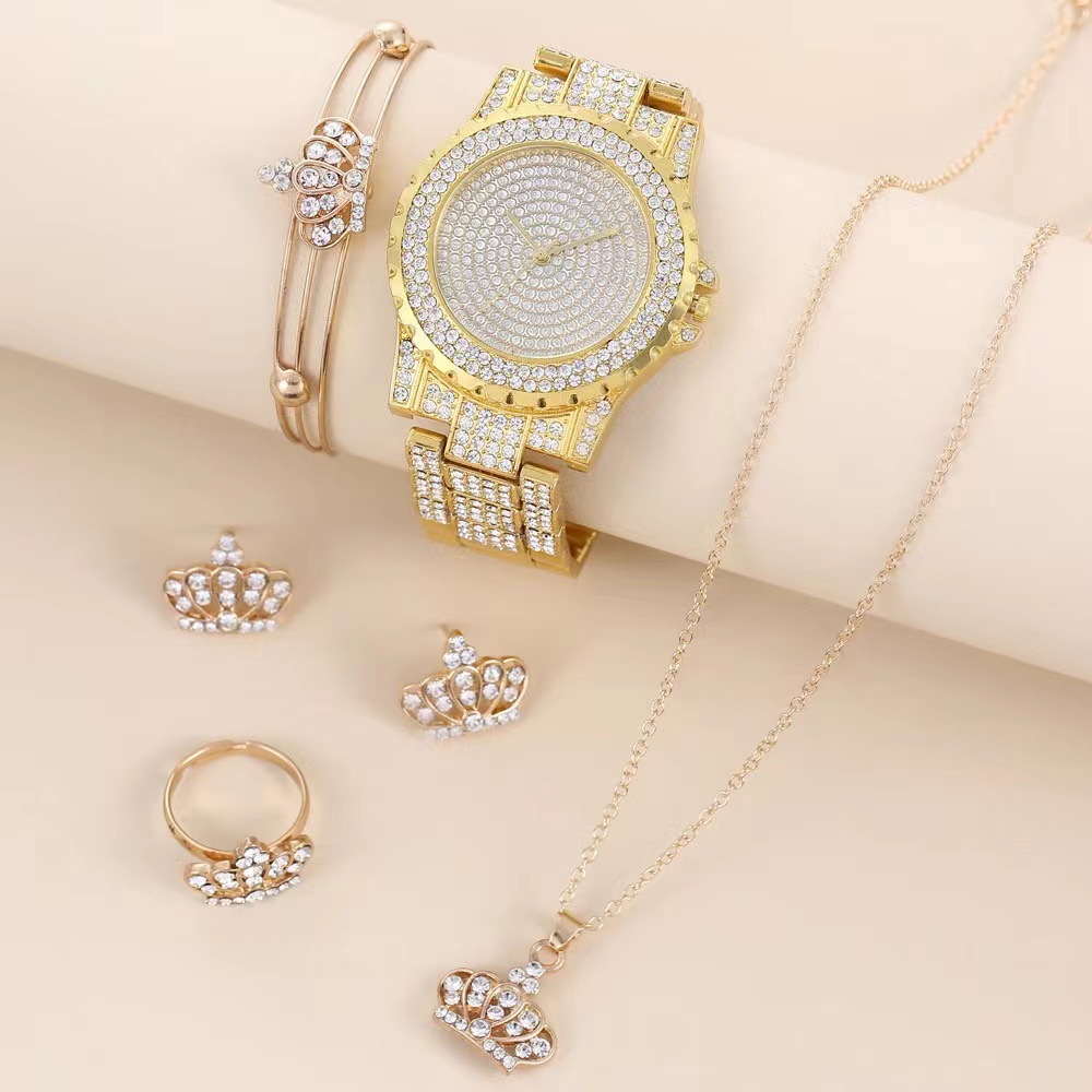 Νέο πεντατεμάχιο με ενσωματωμένο διαμάντι πολυτελές πλήρες διαμάντι με κορώνα, κουτί δώρου πέντε τεμαχίων Γυναικείο ρολόι δώρου ρολόι χαλαζία_voghion.com