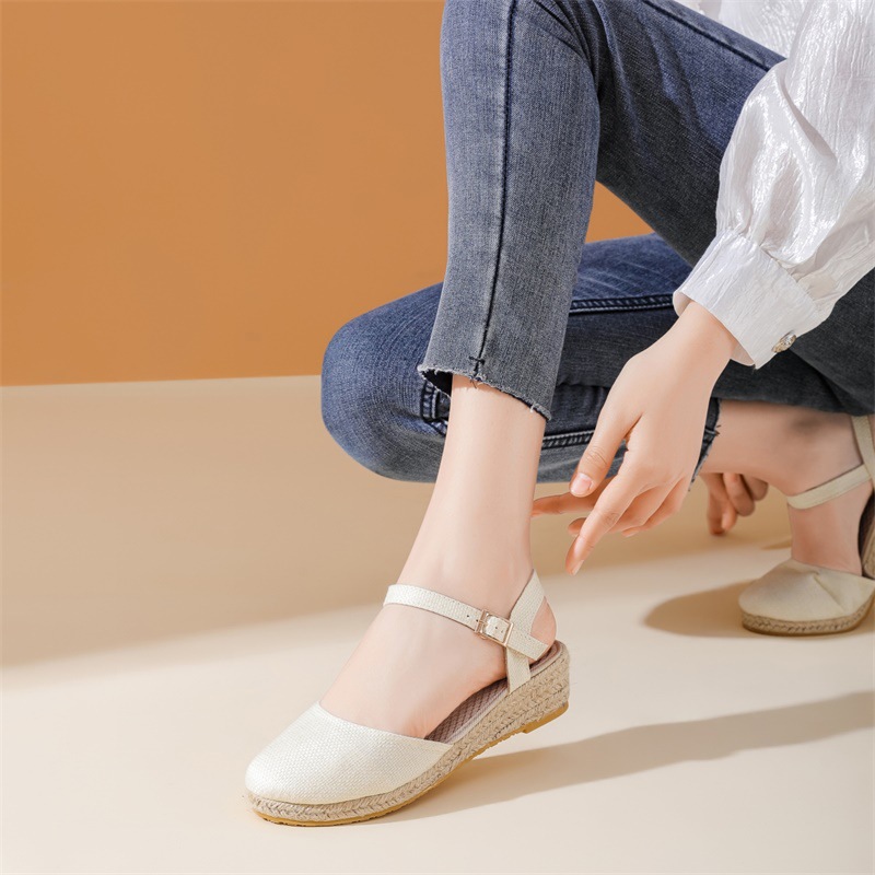26 Summer And Autumn New Wedge Heel Women's Sandals, Old Beijing Cloth Shoes, High Heel, Solid Color Straw Woven_vogvips.com