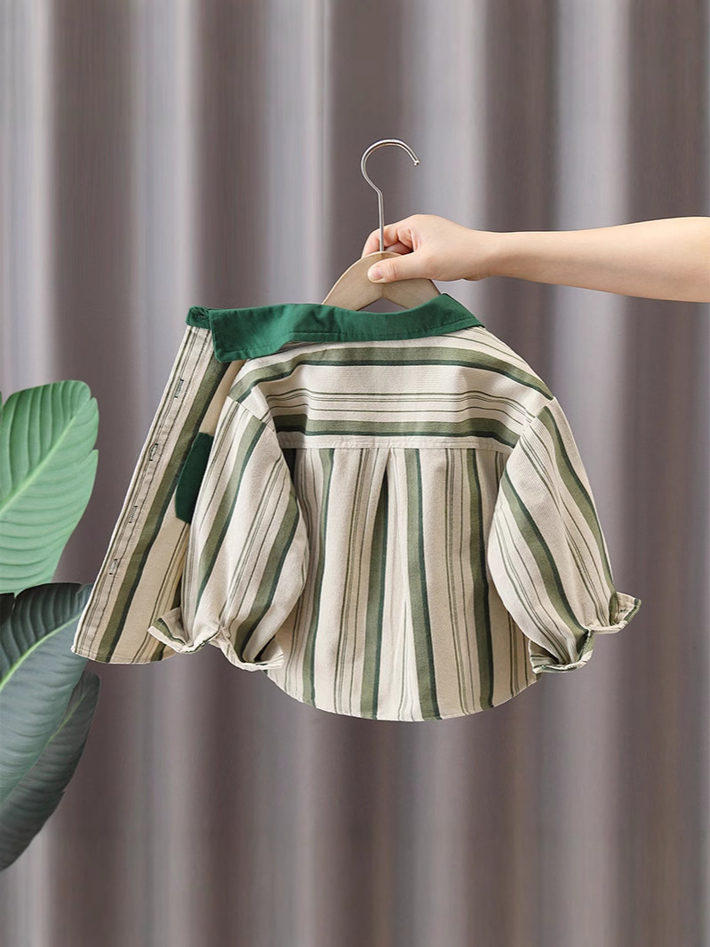 7743 Camisa de pana para niños, nuevo estilo 2026, camisa de manga larga a rayas para niños, estilo coreano, para primavera y otoño