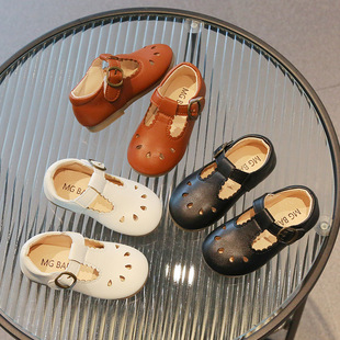 Summer new Velcro boys and girls leather shoes retro British style hollow out children's soft bottom peas shoes casual shoes