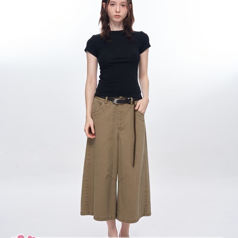 Workwear Straight-Leg Women's Multi-Pocket Cropped Jeans, Men's Outdoor Pants, Loose Khaki Color, Same Style Wide-Leg Casual