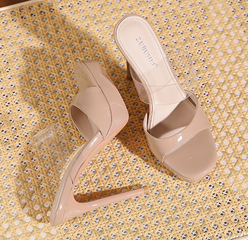 Sandal cao gót nữ mũi vuông quai trong suốt, đế platform, gót nhọn 9 cm — màu hồng nude chi tiết 9
