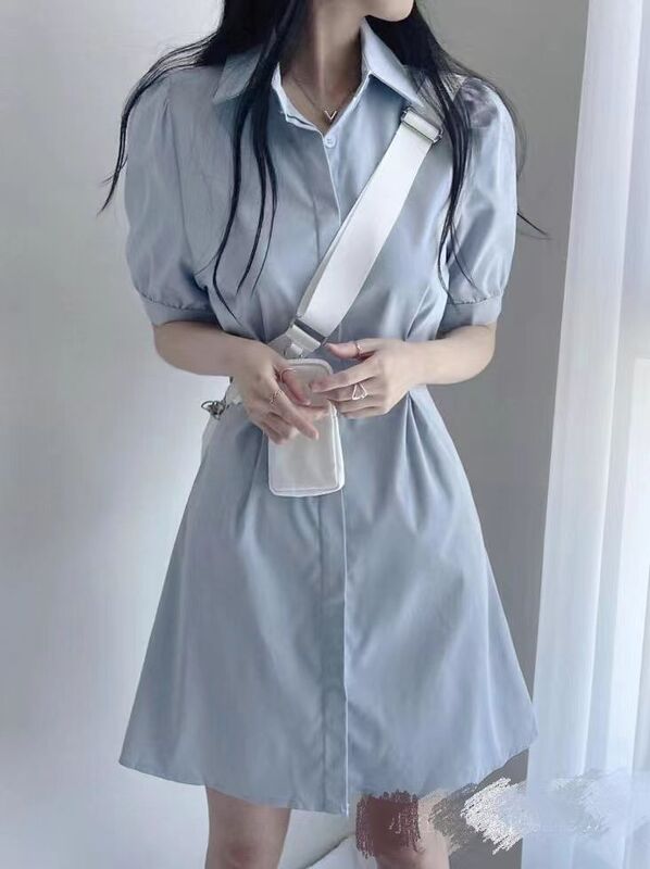 ブルーポロカラーシャツドレス女性のための 2025 夏の新しいフレンチスカートウエスト痩身 A ライン半袖スカート|undefined