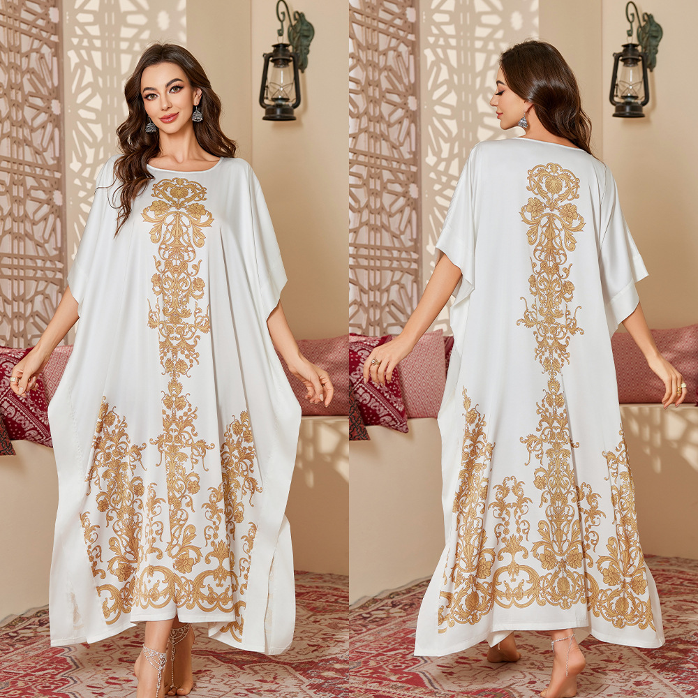 Nuevo pijama de satén de tamaño grande para mujeres de verano medio-oriental suelta gorda camiseta impresa suelta túnica DP3428