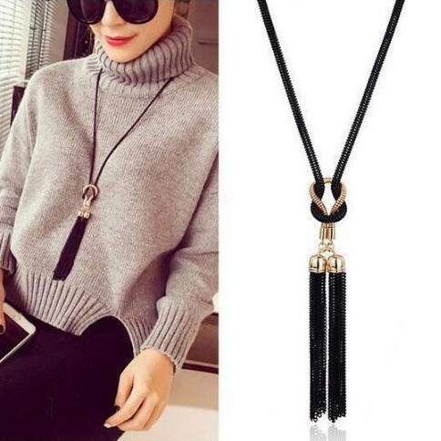 Women Tassel Long Necklace Black Gold Fashion Sweater Chain