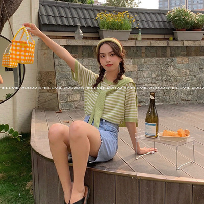 A small minority stripe Two piece set Shawl Hit color Sweater Amoi Sense of design Easy Short sleeved Bandage jacket