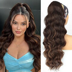 ウィッグヨーロッパとアメリカのロングカーリーウィッグ女性巾着ヘアエクステンションポニーテールアフリカビッグウェーブ化学繊維ウィッグポニーテール