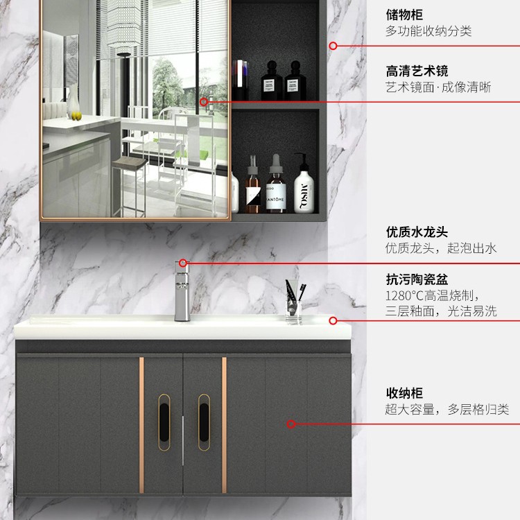 Rock Placa de aleación de aluminio de espacio gabinete de baño combinación de baño lavabo gabinete mesa de lavado espejo Gabinete integrado lavabo gabinete