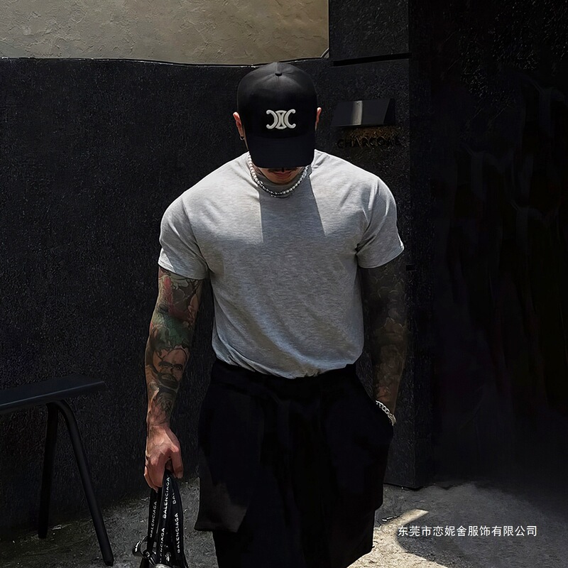 Heavyweight Gray Round-Neck Casual Short-Sleeved Shirt for Men, Summer American Fashion Brand, Simple Muscle-Showing Fitness Sports Top