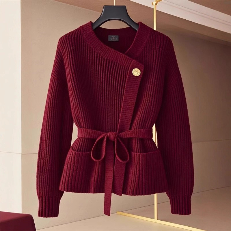 Designed Lace-Up Waist Knitted Sweater for Women 2025 Autumn and Winter This Year's Popular Beautiful Lazy Style Cardigan Top Trend Designed Lace-Up Waist Knitted Sweater for Women 2025 Autumn and Winter This Year's Popular Beautiful Lazy Style Cardigan Top Trend