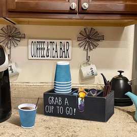 跨境木质纸杯收纳盒奶茶店咖啡吧分隔式吸管纸杯整理收纳盒储存盒