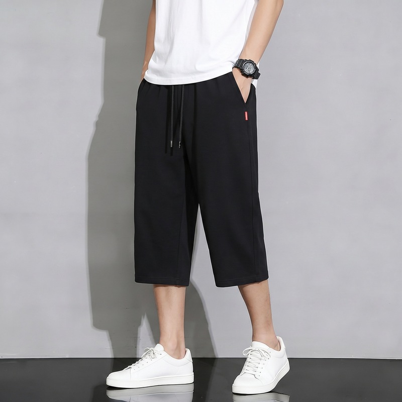Pure cotton terry oversized men's casual sports pants, summer loose straight wide-leg cropped pants