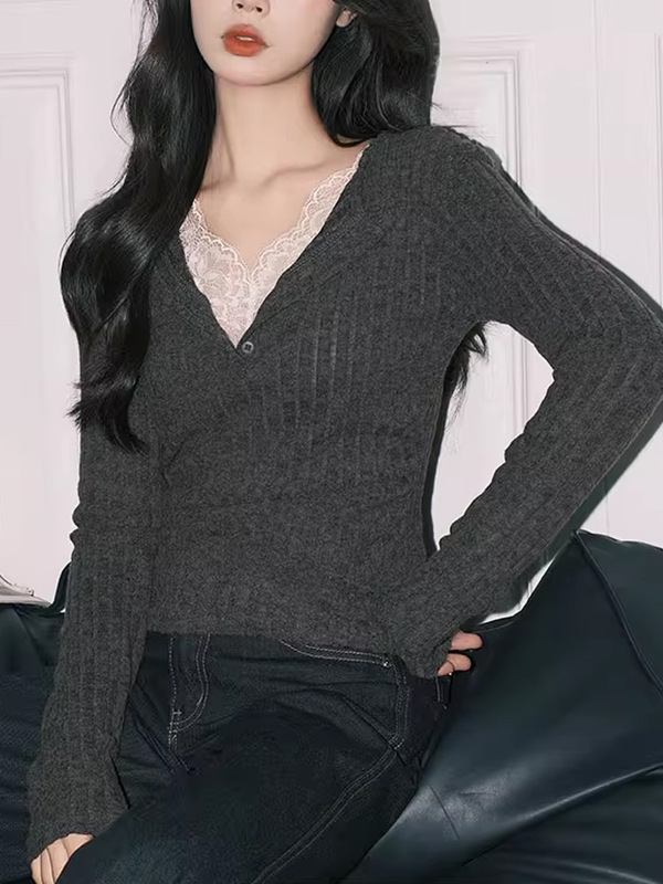 气质灰色蕾丝假两件V领针织小衫女纯欲修身长袖打底上衣|undefined