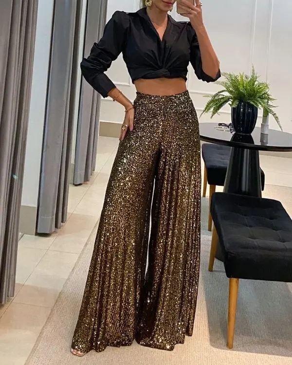 Women's Daily Vintage Style Streetwear Solid Color Full Length Sequins Casual Pants Flared Pants display picture 2