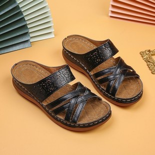 2023 New Summer Export Women's Shoes, Wedge Heels, Thick Soles, Stitching, Cut Out Large Size Mom Sandals and Slippers