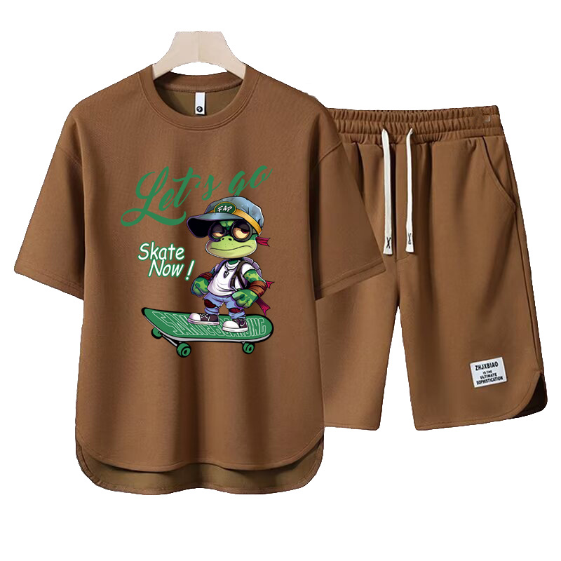 Herrenbekleidung 2024 Waffel Casual Sommeranzug Herren Loose Teen Kurzarm T-Shirt Shorts Hübscher zweiteiliger Anzug_voghion.com