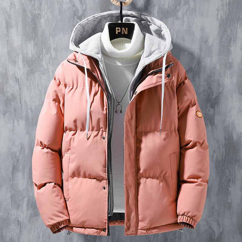 Chaqueta acolchada falsa de dos piezas para hombres, chaqueta acolchada gruesa y cálida en invierno, chaqueta acolchada de pan con capucha de gran tamaño suelta