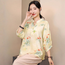 2025夏季中式国风女V领印花衬衫复古民族风天丝棉麻衬衣宽松T恤